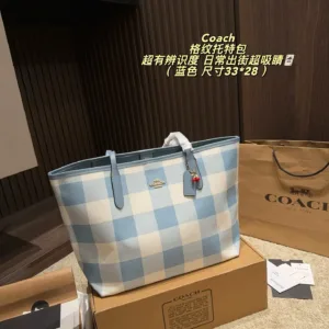 Coach blue black checkered tote hand bags