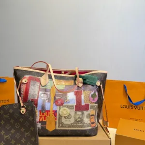 LV Neverfull Classic 2-in-1 Old Flower Red Inner Tote Hand Bags