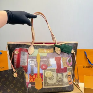 LV Neverfull Classic 2-in-1 Old Flower Red Inner Tote Hand Bags