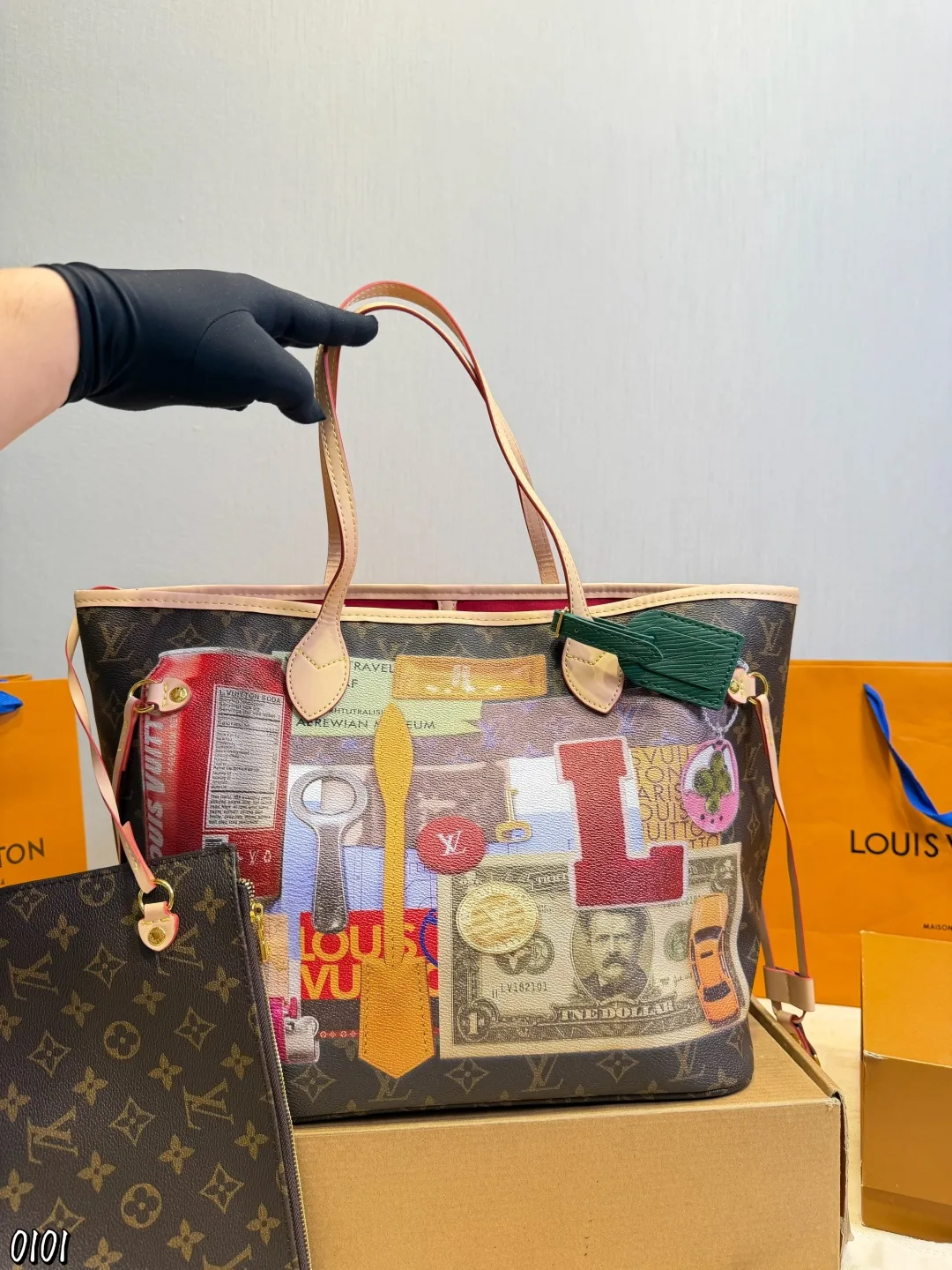 LV Neverfull Classic 2-in-1 Old Flower Red Inner Tote Hand Bags - Image 3