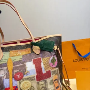 LV Neverfull Classic 2-in-1 Old Flower Red Inner Tote Hand Bags