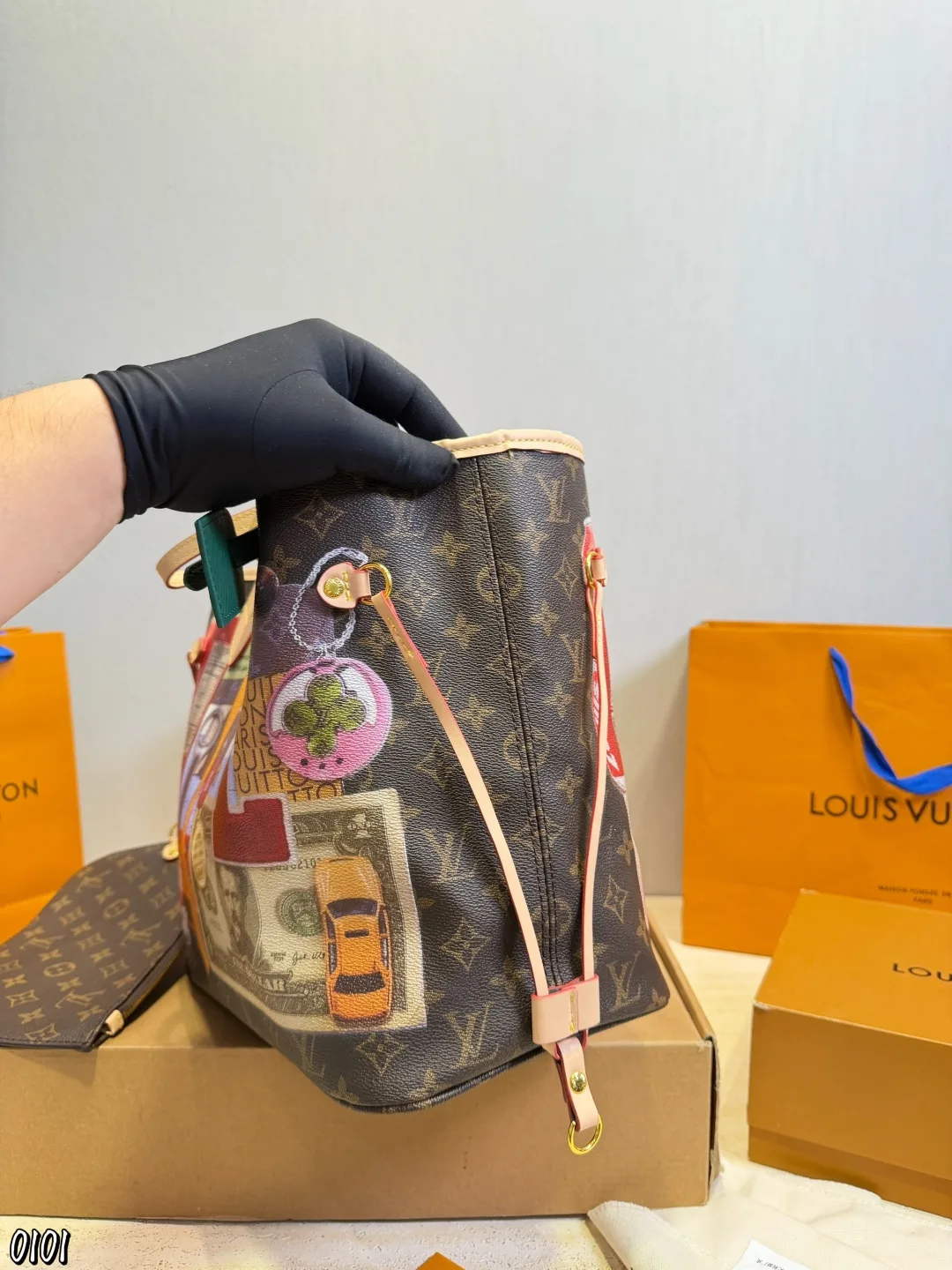 LV Neverfull Classic 2-in-1 Old Flower Red Inner Tote Hand Bags - Image 9