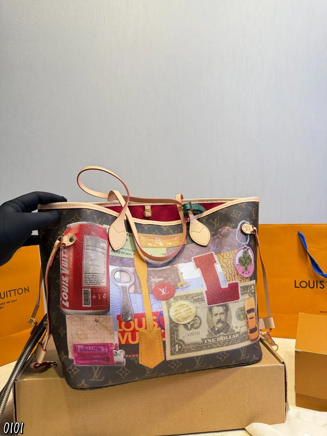 LV Neverfull Classic 2-in-1 Old Flower Red Inner Tote Hand Bags - Image 6