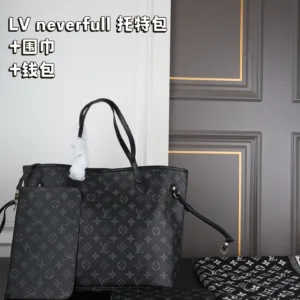 LV neverfull black flower shopping bag scarf wallet
